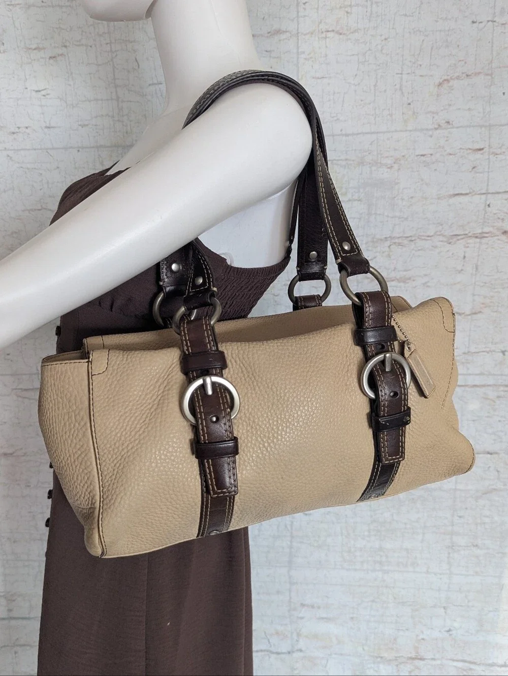 Coach Beige Leather Satchel with Dark Brown Straps